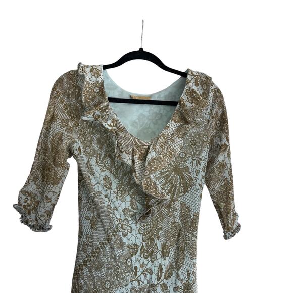 Vintage Danielle Dahan Ruffle Front Midi Dress Blue Brown 90s Women’s Size S - Picture 2 of 9